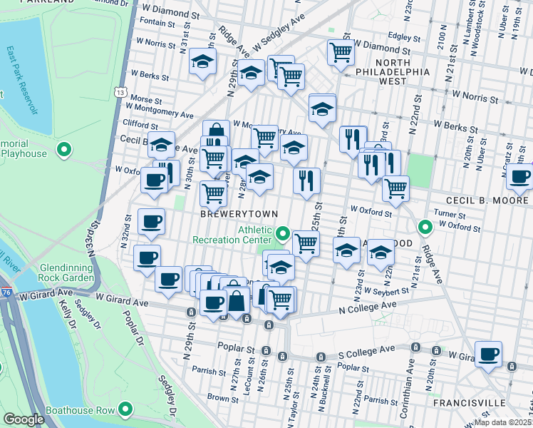 map of restaurants, bars, coffee shops, grocery stores, and more near 1511 North 27th Street in Philadelphia