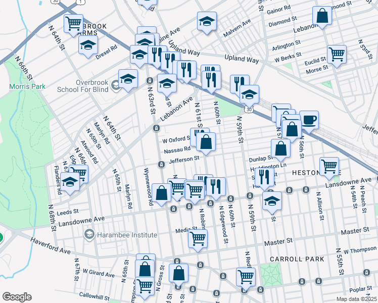 map of restaurants, bars, coffee shops, grocery stores, and more near 6126 Nassau Road in Philadelphia