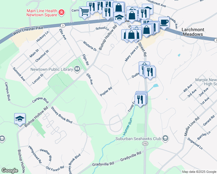 map of restaurants, bars, coffee shops, grocery stores, and more near 135 Poplar Road in Newtown Square