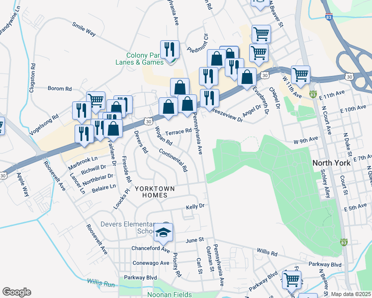 map of restaurants, bars, coffee shops, grocery stores, and more near 1301 Wogan Road in York