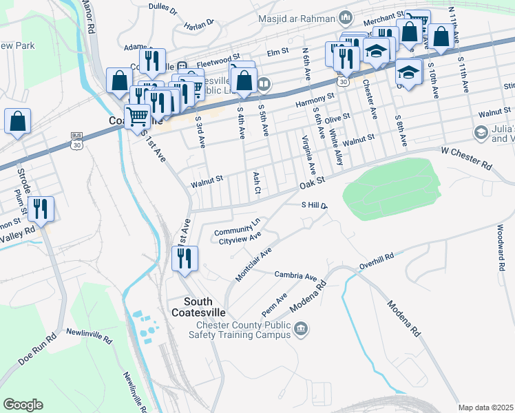 map of restaurants, bars, coffee shops, grocery stores, and more near 414 Oak Street in Coatesville