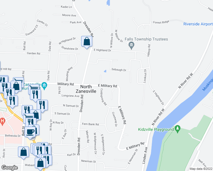 map of restaurants, bars, coffee shops, grocery stores, and more near 257 East Military Road in Zanesville