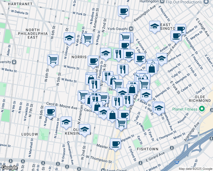 map of restaurants, bars, coffee shops, grocery stores, and more near 1930 Waterloo Street in Philadelphia