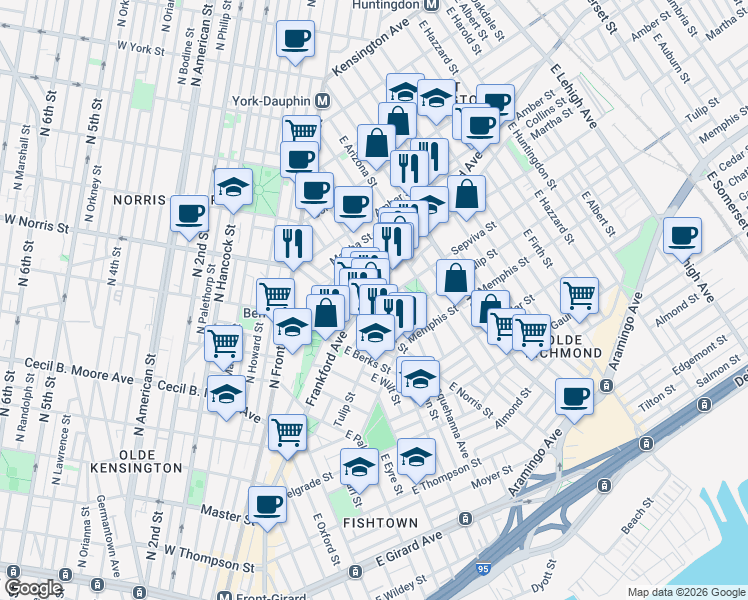map of restaurants, bars, coffee shops, grocery stores, and more near 2204 Sepviva Street in Philadelphia