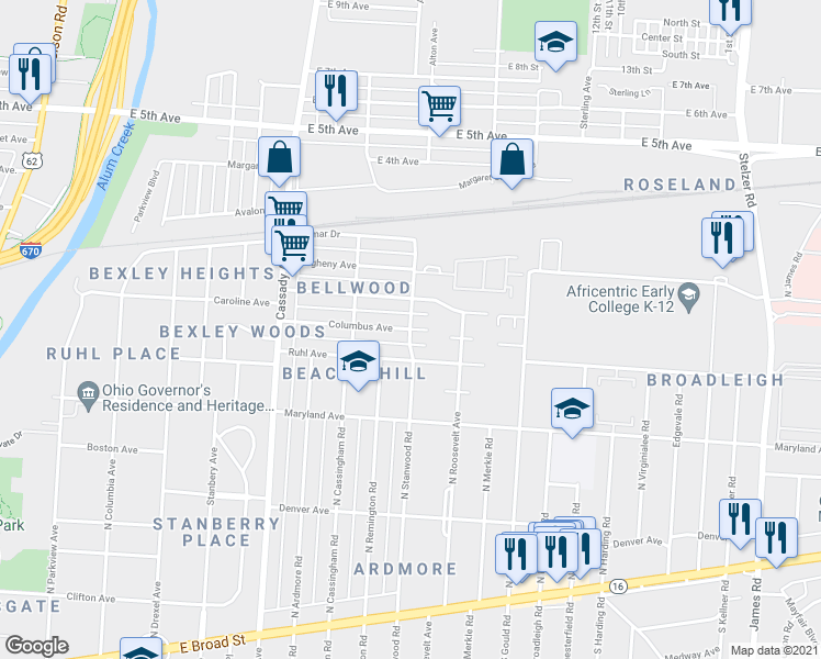 map of restaurants, bars, coffee shops, grocery stores, and more near N Stanwood Rd & Columbus Ave in Bexley