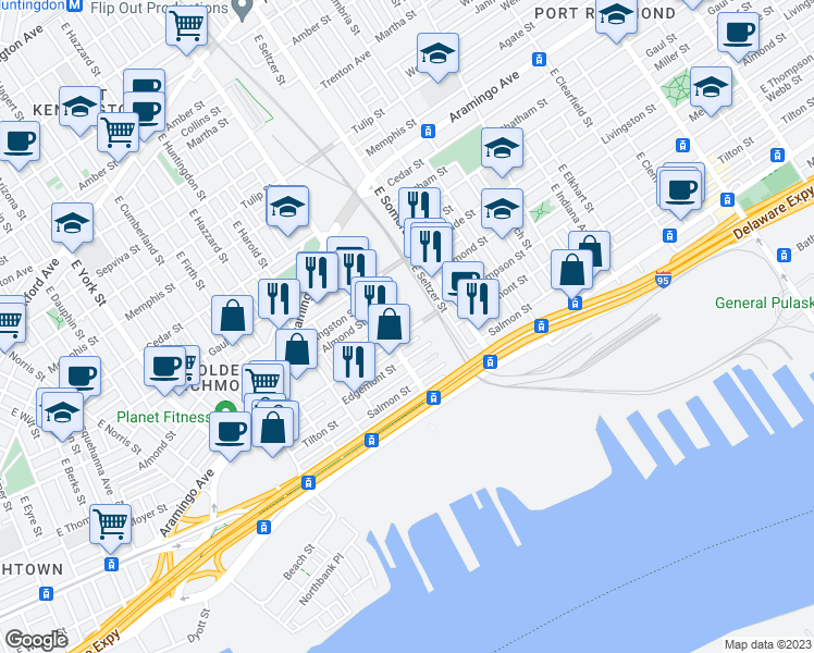 map of restaurants, bars, coffee shops, grocery stores, and more near 2724 East Thompson Street in Philadelphia