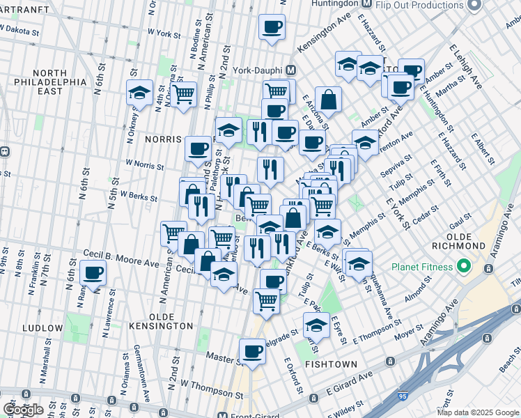 map of restaurants, bars, coffee shops, grocery stores, and more near 1926 North Hope Street in Philadelphia