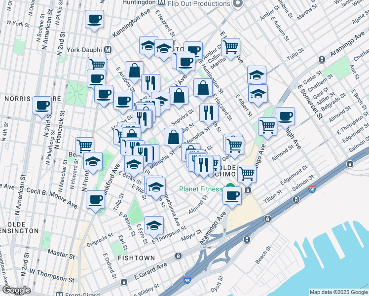 map of restaurants, bars, coffee shops, grocery stores, and more near 2312 East York Street in Philadelphia