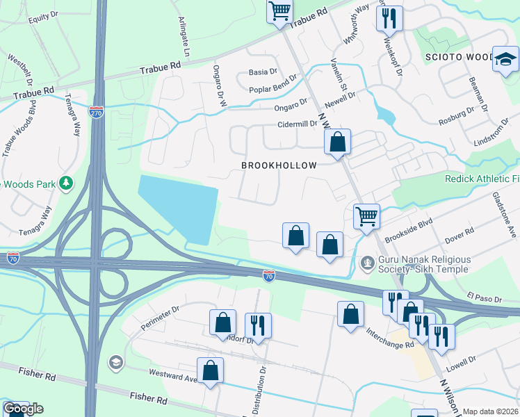 map of restaurants, bars, coffee shops, grocery stores, and more near 1256 Deer Lake Court in Columbus