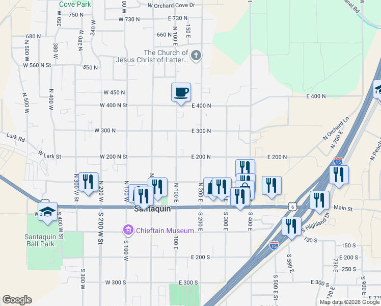 map of restaurants, bars, coffee shops, grocery stores, and more near 157 East 200 North in Santaquin