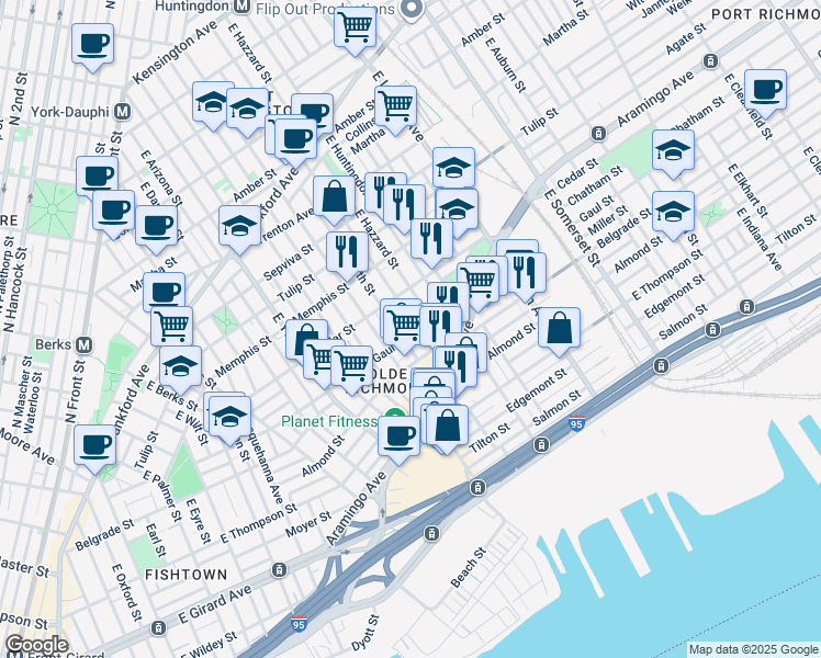 map of restaurants, bars, coffee shops, grocery stores, and more near 2530 Gaul Street in Philadelphia