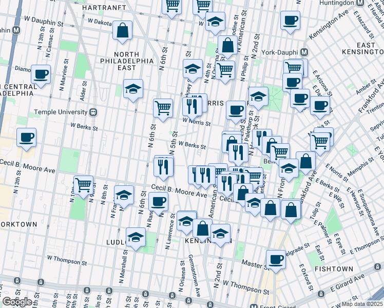 map of restaurants, bars, coffee shops, grocery stores, and more near 1844 North 4th Street in Philadelphia
