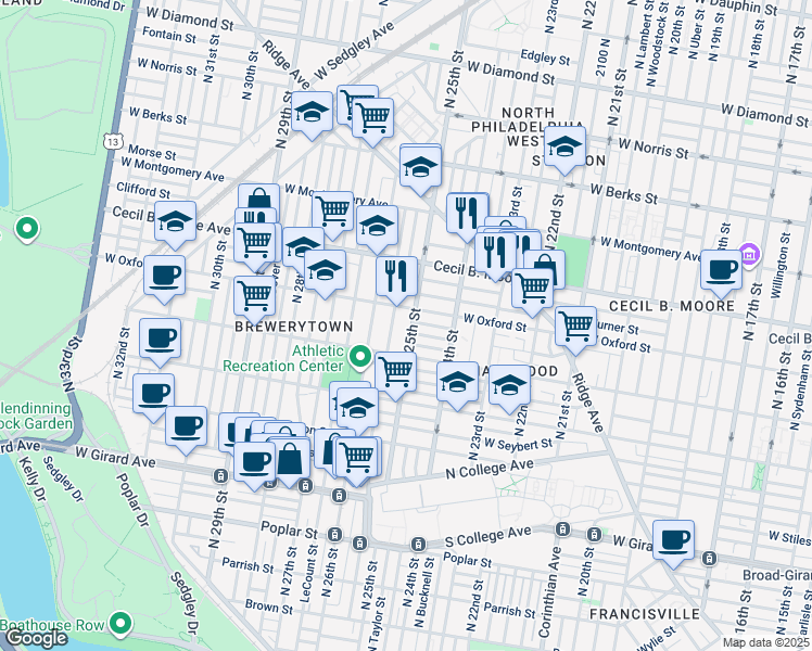 map of restaurants, bars, coffee shops, grocery stores, and more near 1528 North 25th Street in Philadelphia