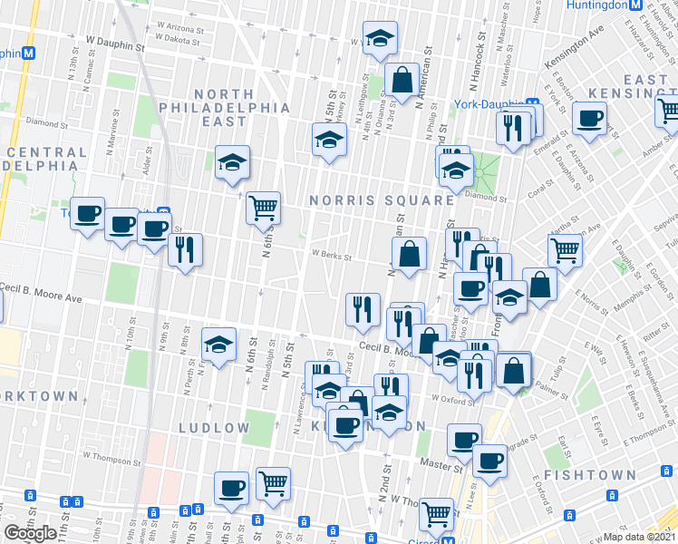 map of restaurants, bars, coffee shops, grocery stores, and more near 1844 North 4th Street in Philadelphia