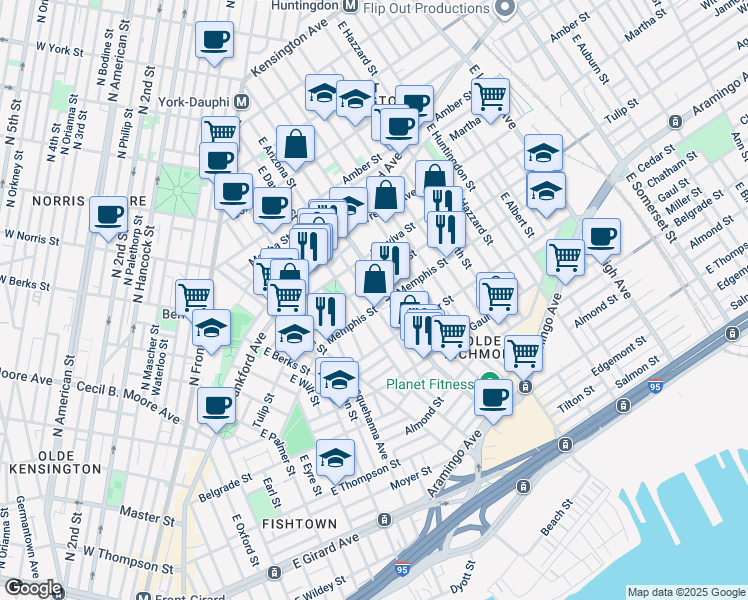 map of restaurants, bars, coffee shops, grocery stores, and more near 2319 East Gordon Street in Philadelphia
