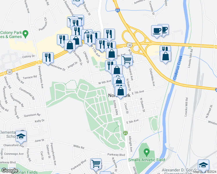 map of restaurants, bars, coffee shops, grocery stores, and more near 31 West 8th Avenue in York