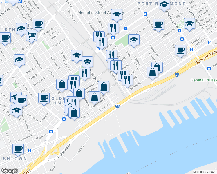 map of restaurants, bars, coffee shops, grocery stores, and more near 2724 East Thompson Street in Philadelphia