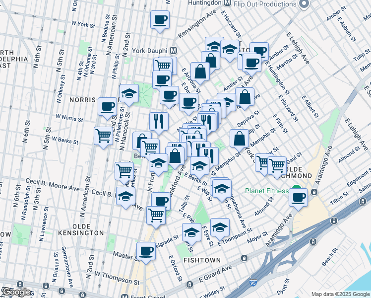 map of restaurants, bars, coffee shops, grocery stores, and more near 2004 Blair Street in Philadelphia