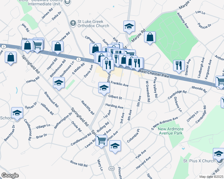 map of restaurants, bars, coffee shops, grocery stores, and more near 80 1st Avenue in Media