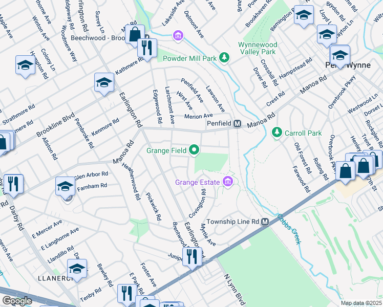 map of restaurants, bars, coffee shops, grocery stores, and more near 631 Ashurst Road in Havertown