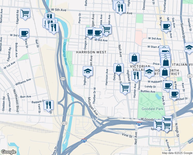 map of restaurants, bars, coffee shops, grocery stores, and more near 888 Thurber Drive West in Columbus