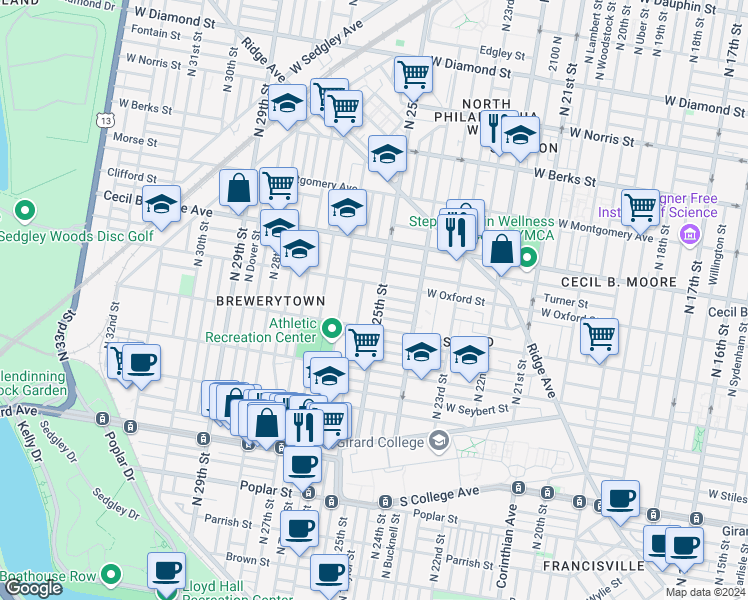 map of restaurants, bars, coffee shops, grocery stores, and more near 1528 North 25th Street in Philadelphia
