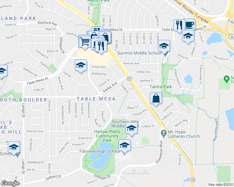 map of restaurants, bars, coffee shops, grocery stores, and more near 1029 Berea Drive in Boulder