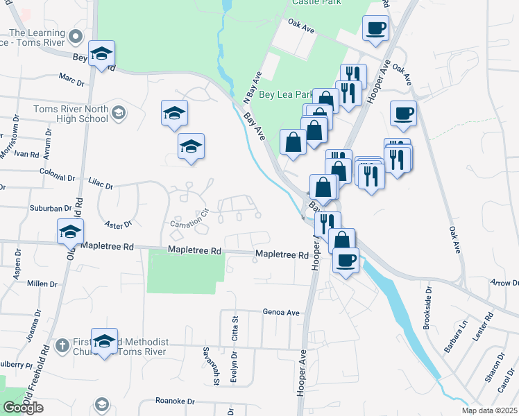 map of restaurants, bars, coffee shops, grocery stores, and more near 144 Orchid Court in Toms River