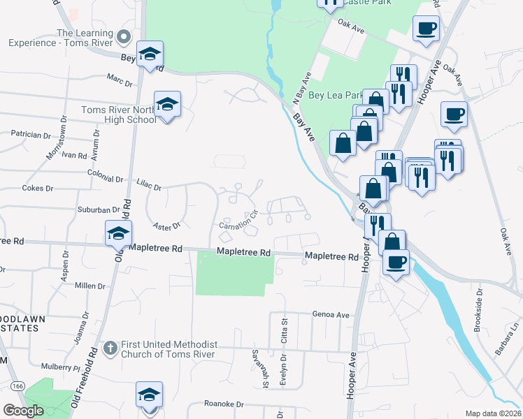 map of restaurants, bars, coffee shops, grocery stores, and more near 56 Violet Court in Toms River