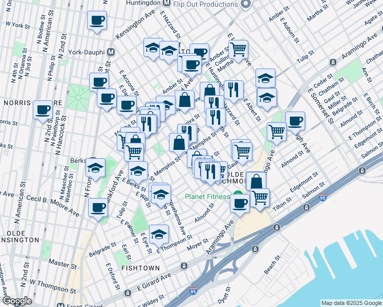 map of restaurants, bars, coffee shops, grocery stores, and more near 2351 East Hagert Street in Philadelphia