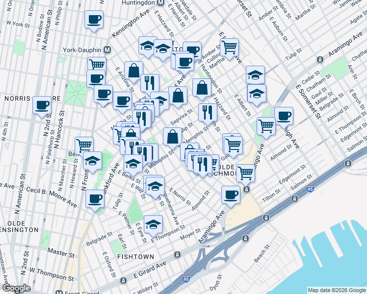 map of restaurants, bars, coffee shops, grocery stores, and more near 2312 East York Street in Philadelphia
