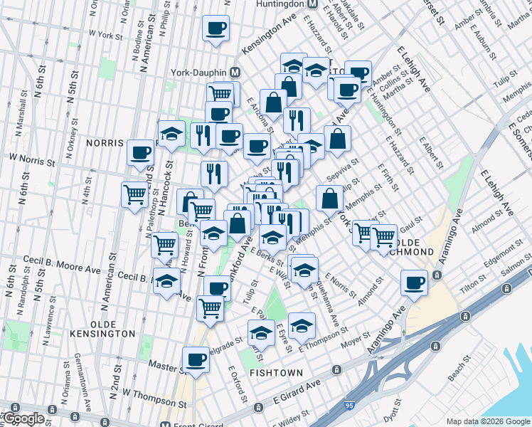map of restaurants, bars, coffee shops, grocery stores, and more near 2028 Blair Street in Philadelphia