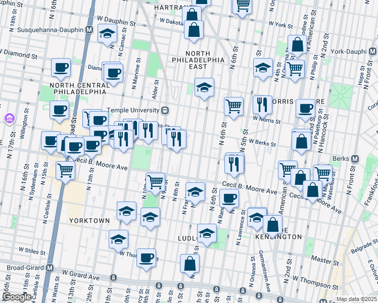 map of restaurants, bars, coffee shops, grocery stores, and more near 727 West Montgomery Avenue in Philadelphia