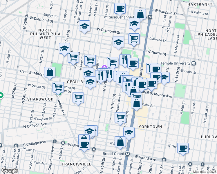 map of restaurants, bars, coffee shops, grocery stores, and more near 1601 Cecil B. Moore Avenue in Philadelphia