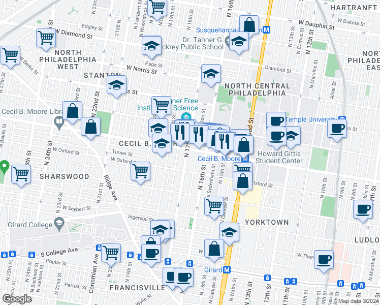 map of restaurants, bars, coffee shops, grocery stores, and more near in Philadelphia