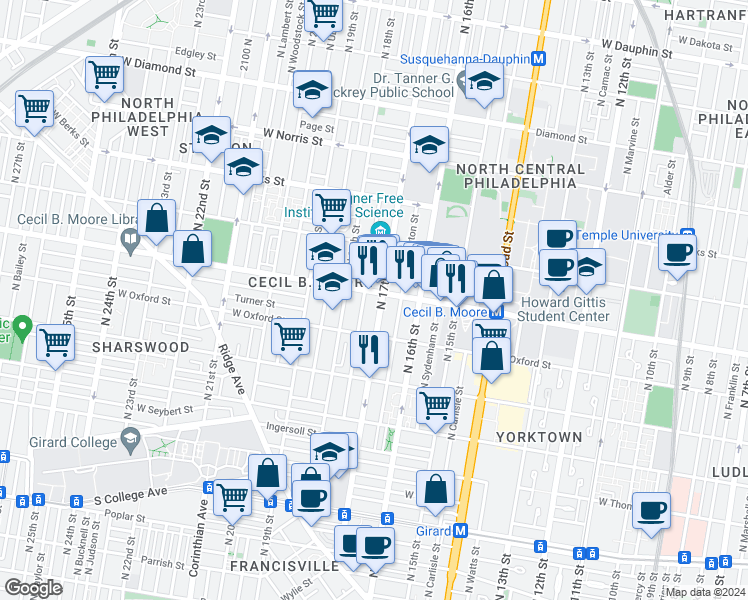 map of restaurants, bars, coffee shops, grocery stores, and more near 1723 Cecil B. Moore Avenue in Philadelphia
