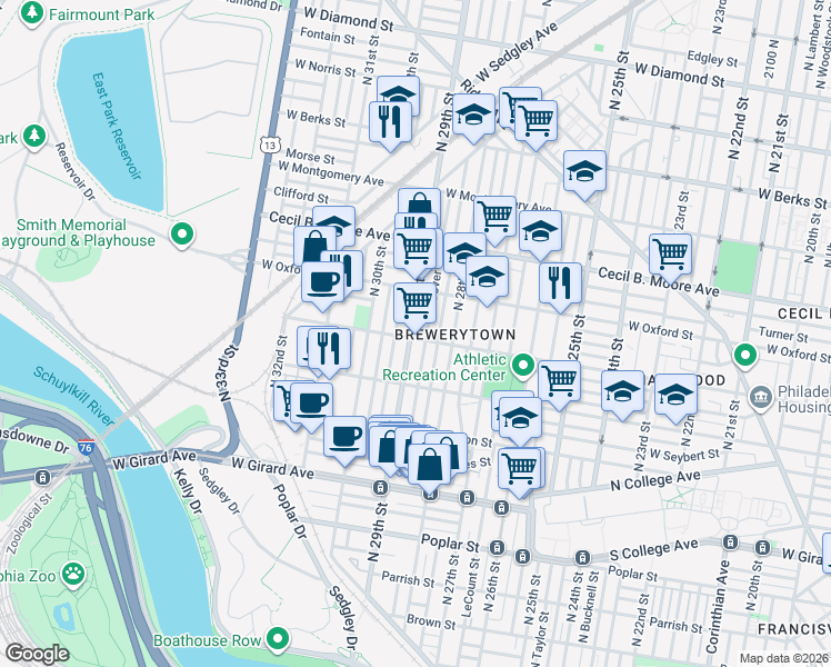 map of restaurants, bars, coffee shops, grocery stores, and more near 1519 North Hollywood Street in Philadelphia