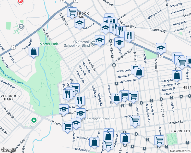 map of restaurants, bars, coffee shops, grocery stores, and more near 6413 Lebanon Avenue in Philadelphia