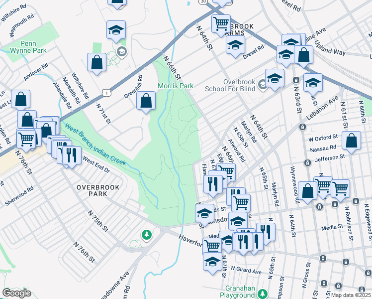 map of restaurants, bars, coffee shops, grocery stores, and more near 1120 North 66th Street in Philadelphia