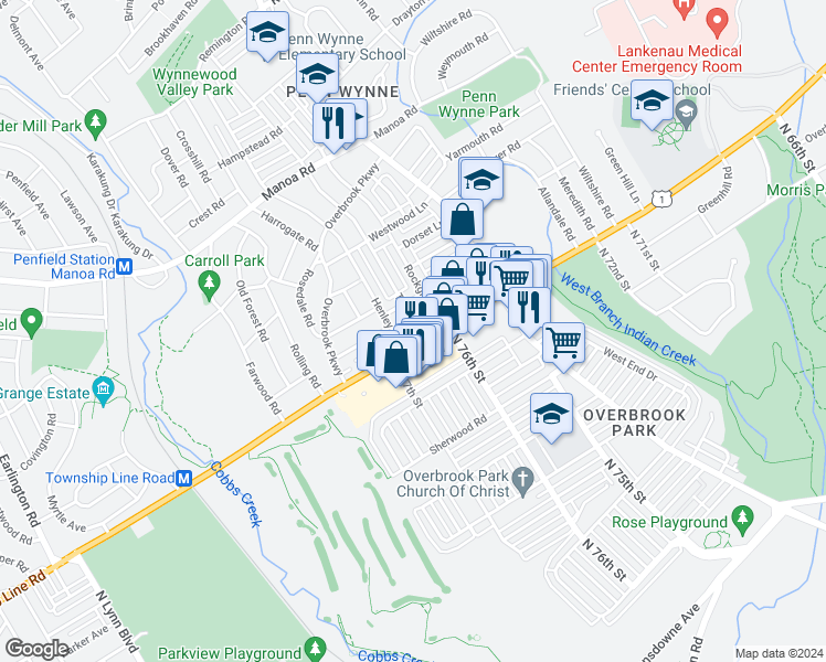 map of restaurants, bars, coffee shops, grocery stores, and more near 20 Trent Road in Wynnewood