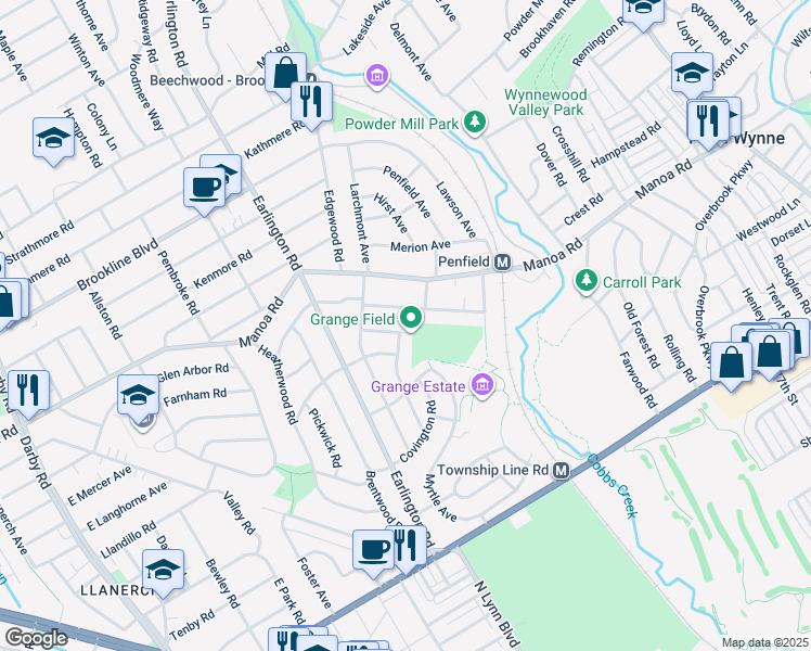 map of restaurants, bars, coffee shops, grocery stores, and more near 522 Cumberland Road in Havertown