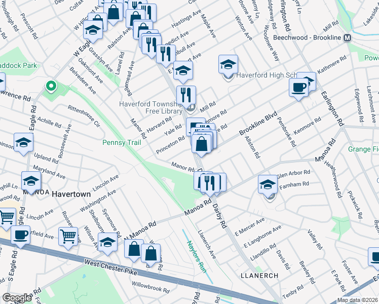 map of restaurants, bars, coffee shops, grocery stores, and more near 1323 Darby Road in Havertown