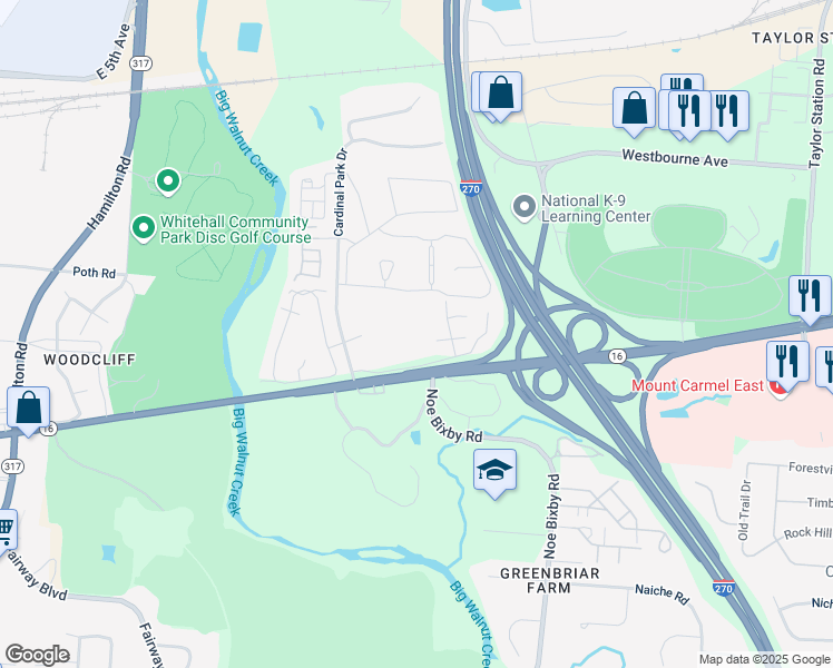 map of restaurants, bars, coffee shops, grocery stores, and more near 5500 East Broad Street in Columbus