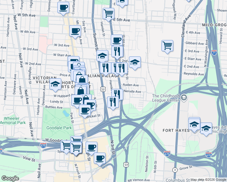 map of restaurants, bars, coffee shops, grocery stores, and more near 811 Hamlet Street in Columbus