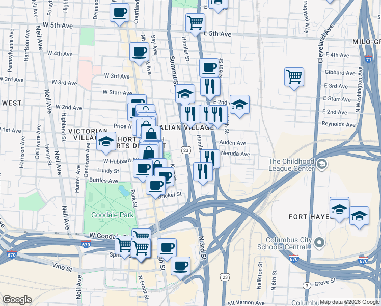 map of restaurants, bars, coffee shops, grocery stores, and more near 811 Hamlet Street in Columbus