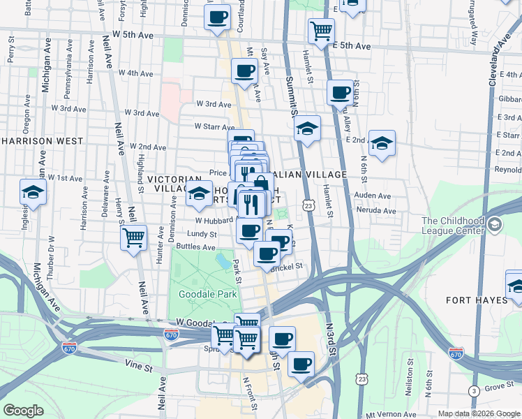 map of restaurants, bars, coffee shops, grocery stores, and more near in Columbus