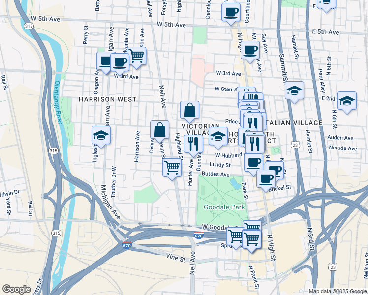 map of restaurants, bars, coffee shops, grocery stores, and more near 216 Wilber Avenue in Columbus
