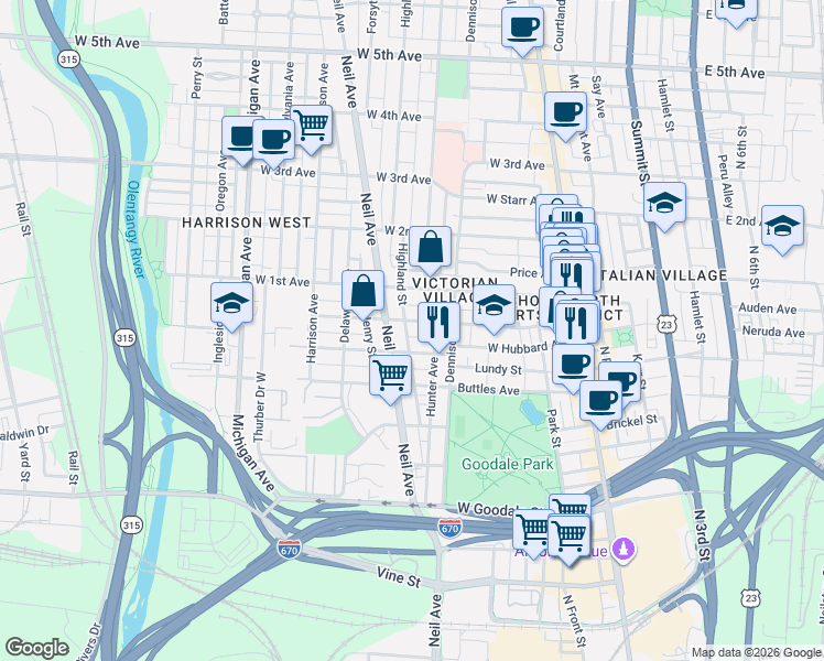 map of restaurants, bars, coffee shops, grocery stores, and more near 216 Wilber Avenue in Columbus