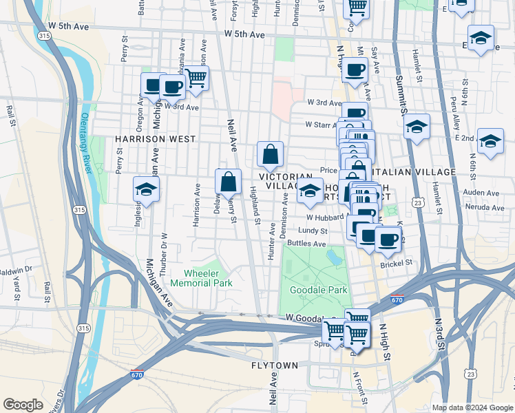 map of restaurants, bars, coffee shops, grocery stores, and more near 216 Wilber Avenue in Columbus