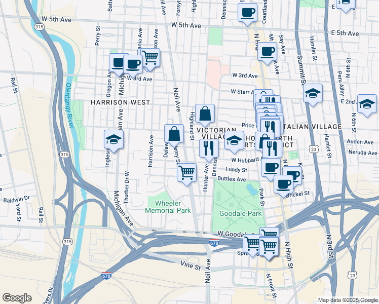 map of restaurants, bars, coffee shops, grocery stores, and more near in Columbus